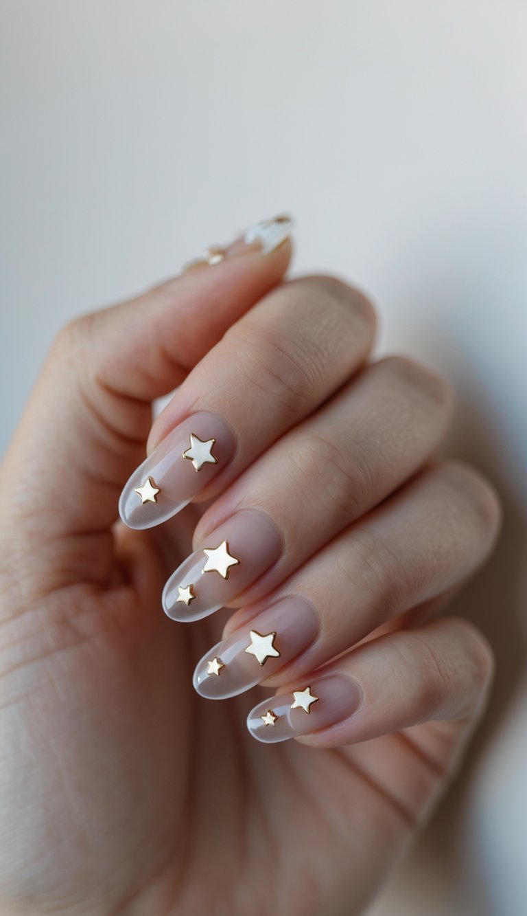 Close-up of one hand showing clear-based nails with small 3D star decorations on a white background.