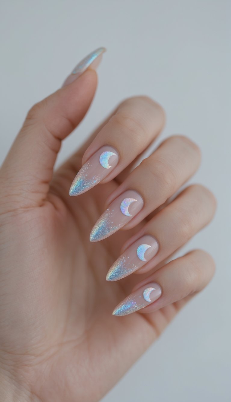 Close-up of one hand with nails painted in holographic moon tip design against a white background.