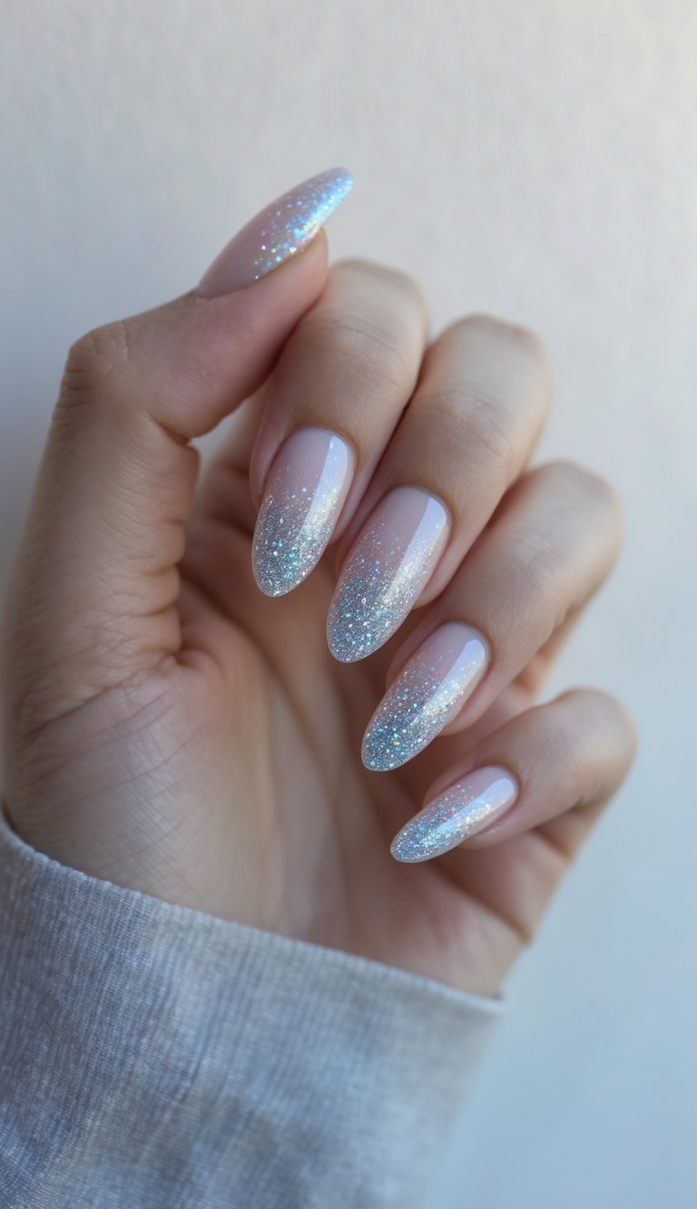 Close-up of one hand with nails painted in a glittery gradient resembling a starry sky, against a white background.