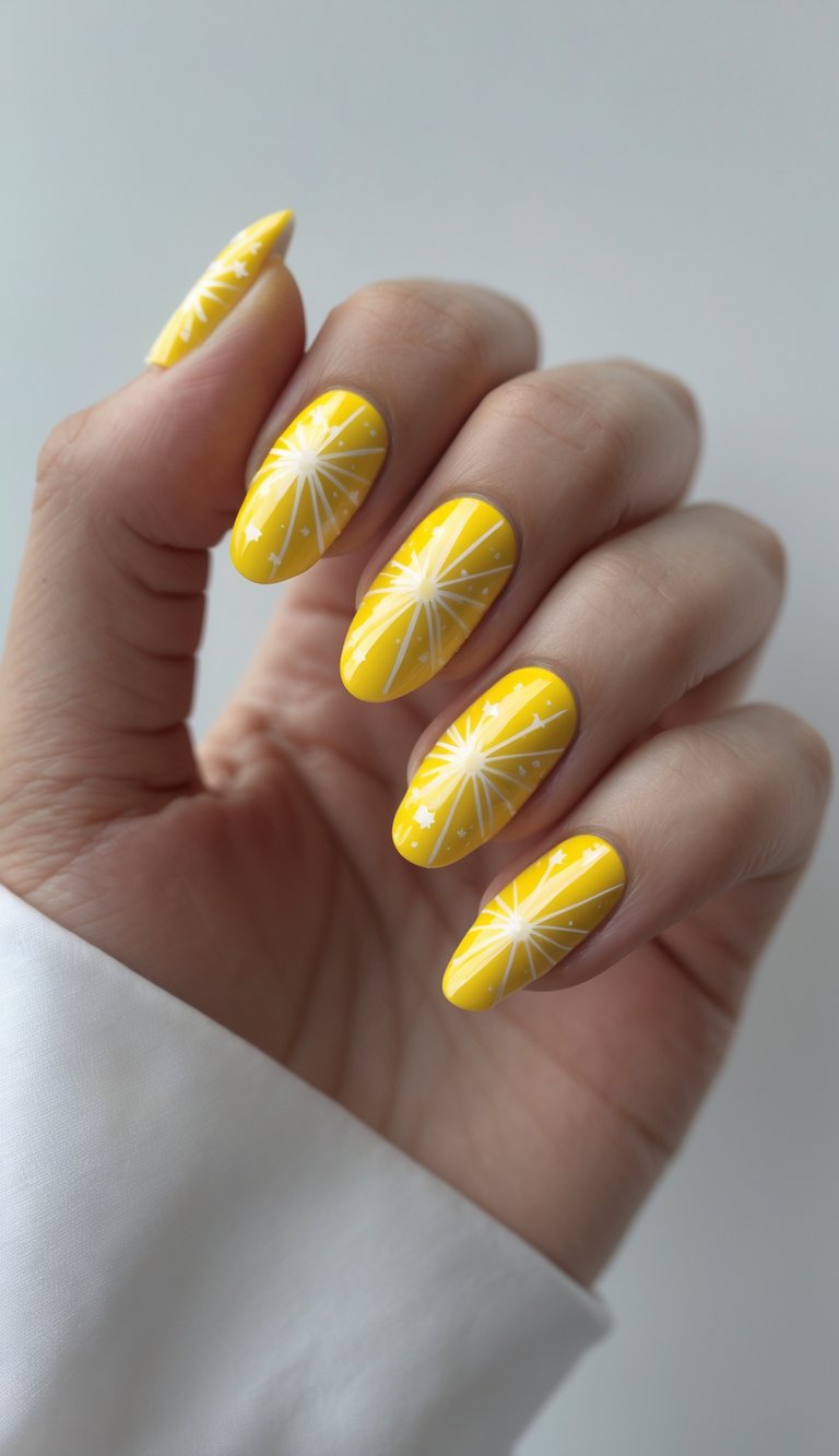 Close-up of one hand with bright yellow starburst nail art on a white background.