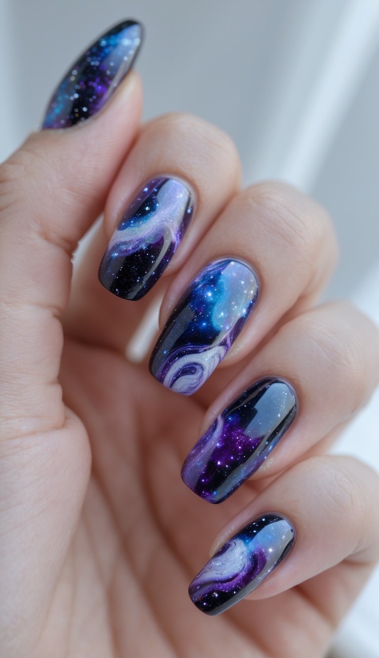Close-up of one hand with nails painted in galaxy marble design against a white background.