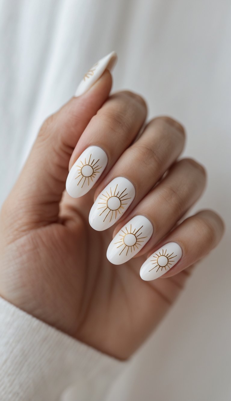 Close-up of one hand with neatly manicured nails featuring sun symbol designs on a white background.