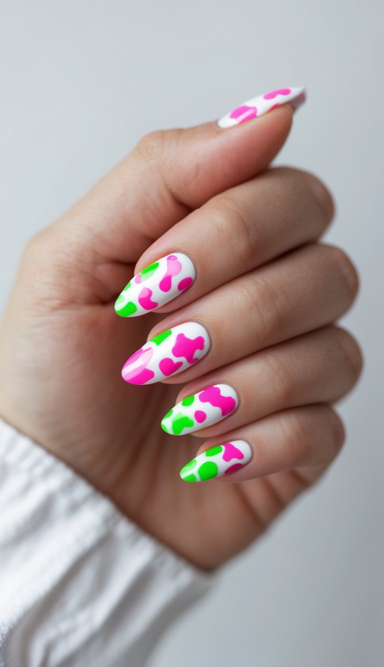 Close-up of one hand showing nails with neon cow print nail art against a white background.