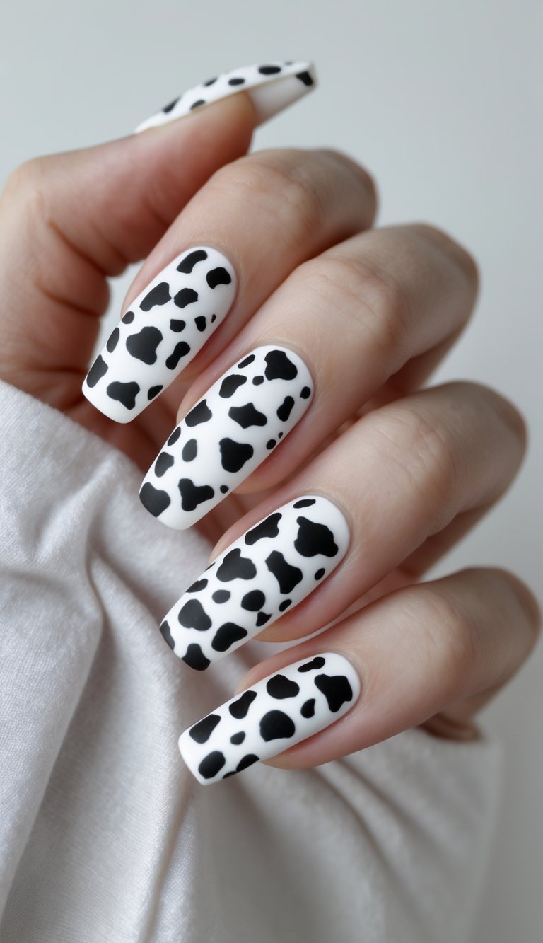 Close-up of one hand showing matte cow print nails against a white background.
