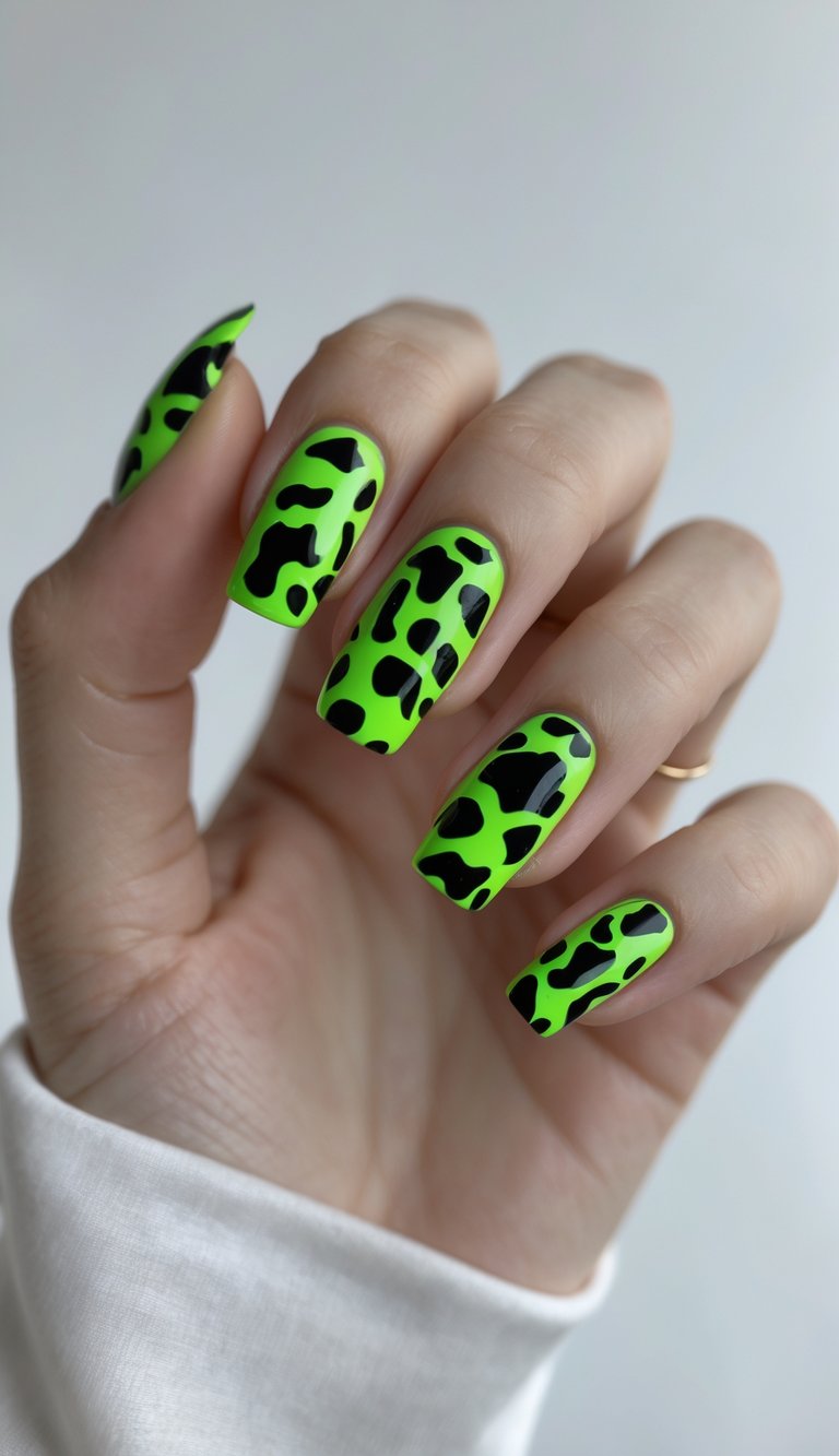 Close-up of one hand with neon green and black cow print nail art against a white background.