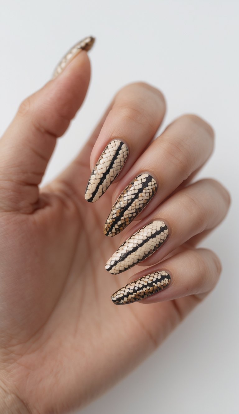 Close-up of a single hand with short nails decorated with vertical snake stripe nail art against a white background.