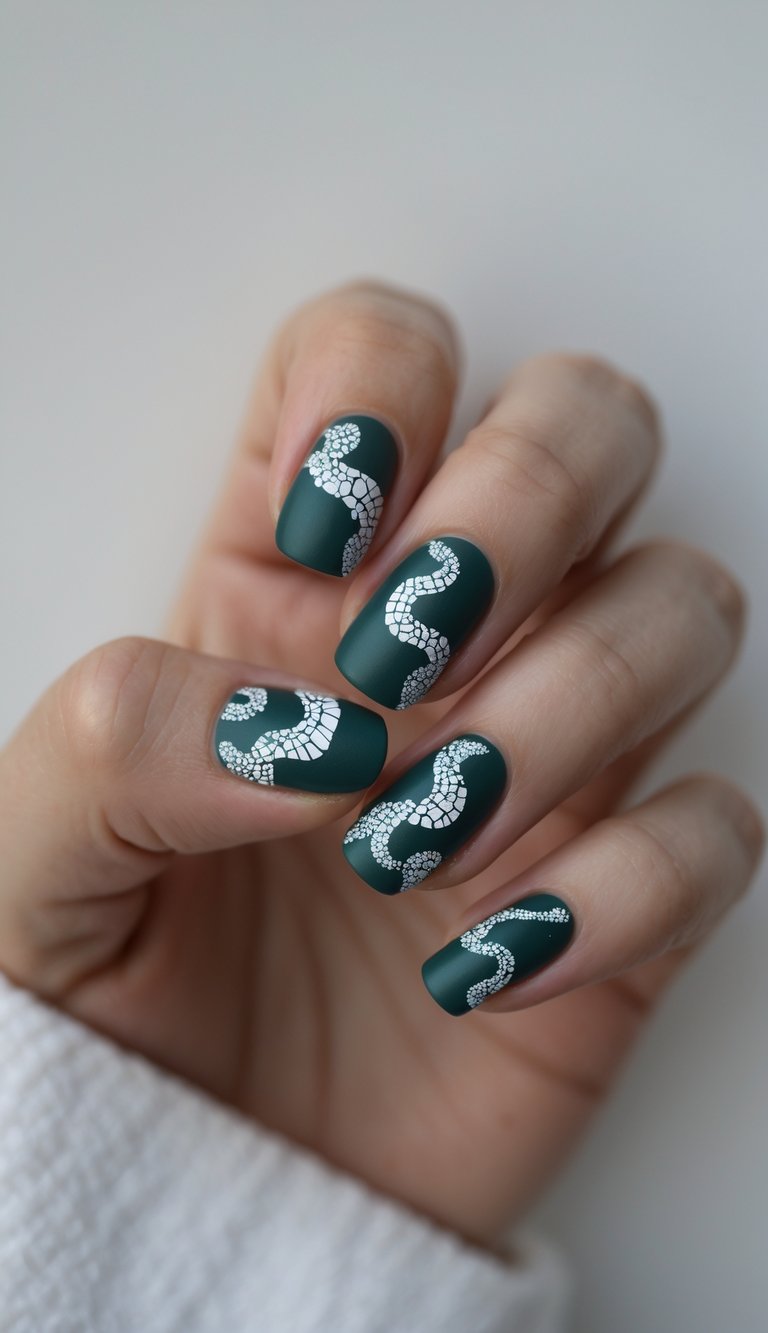 Close-up of one hand with dark teal nails featuring white snake print designs on a white background.