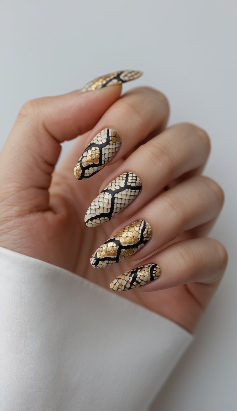 Close-up of one hand with snake print nail art on each fingernail against a white background.