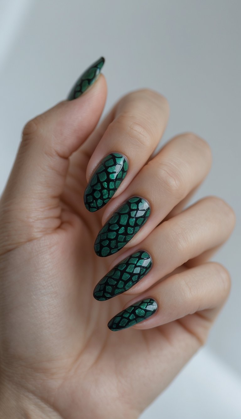 Close-up of one hand with dark green and black snake print nail art on a white background.