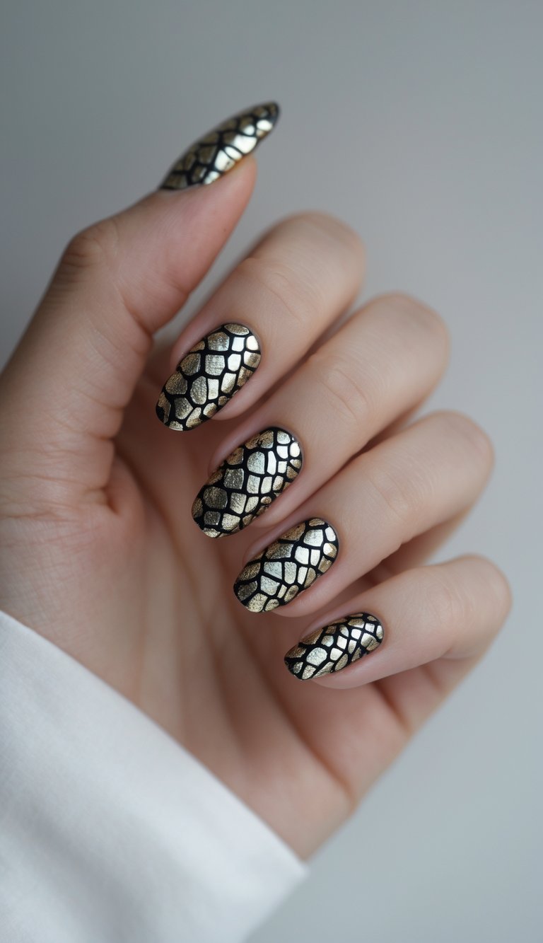 Close-up of one hand with black snake print nail art featuring metallic accents on a white background.