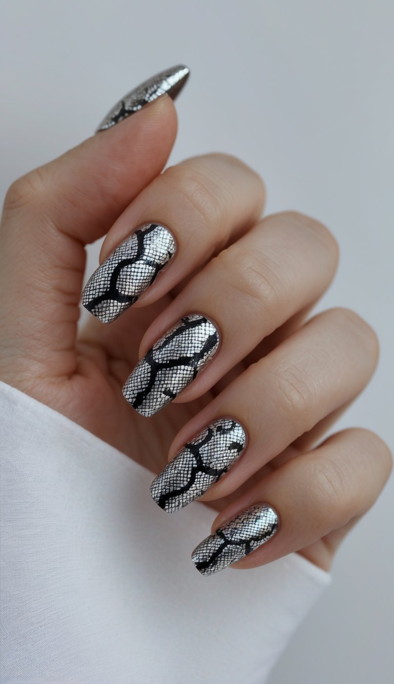Close-up of a hand with nails painted in silver foil and black snake pattern design against a white background.