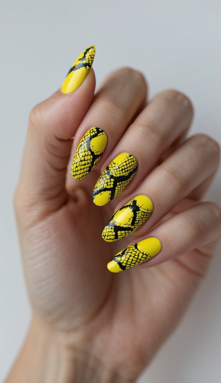 Close-up of a single hand with bright yellow snake print nail tips against a white background.