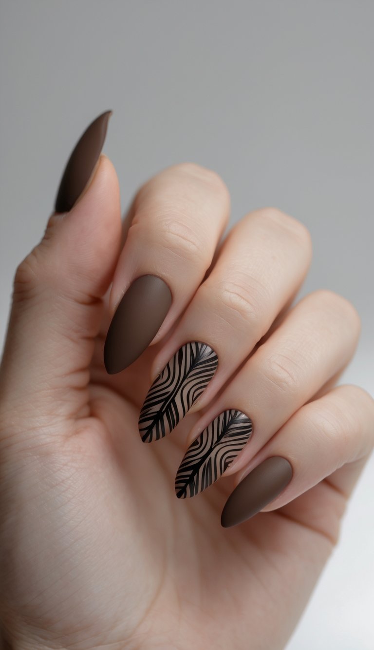 Close-up of one hand with brown nails decorated with black tribal designs against a white background.