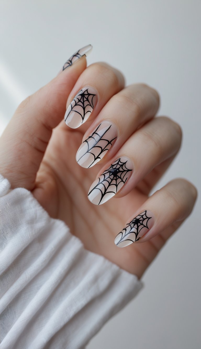Close-up of one hand showing transparent nails with black spiderweb designs against a white background.