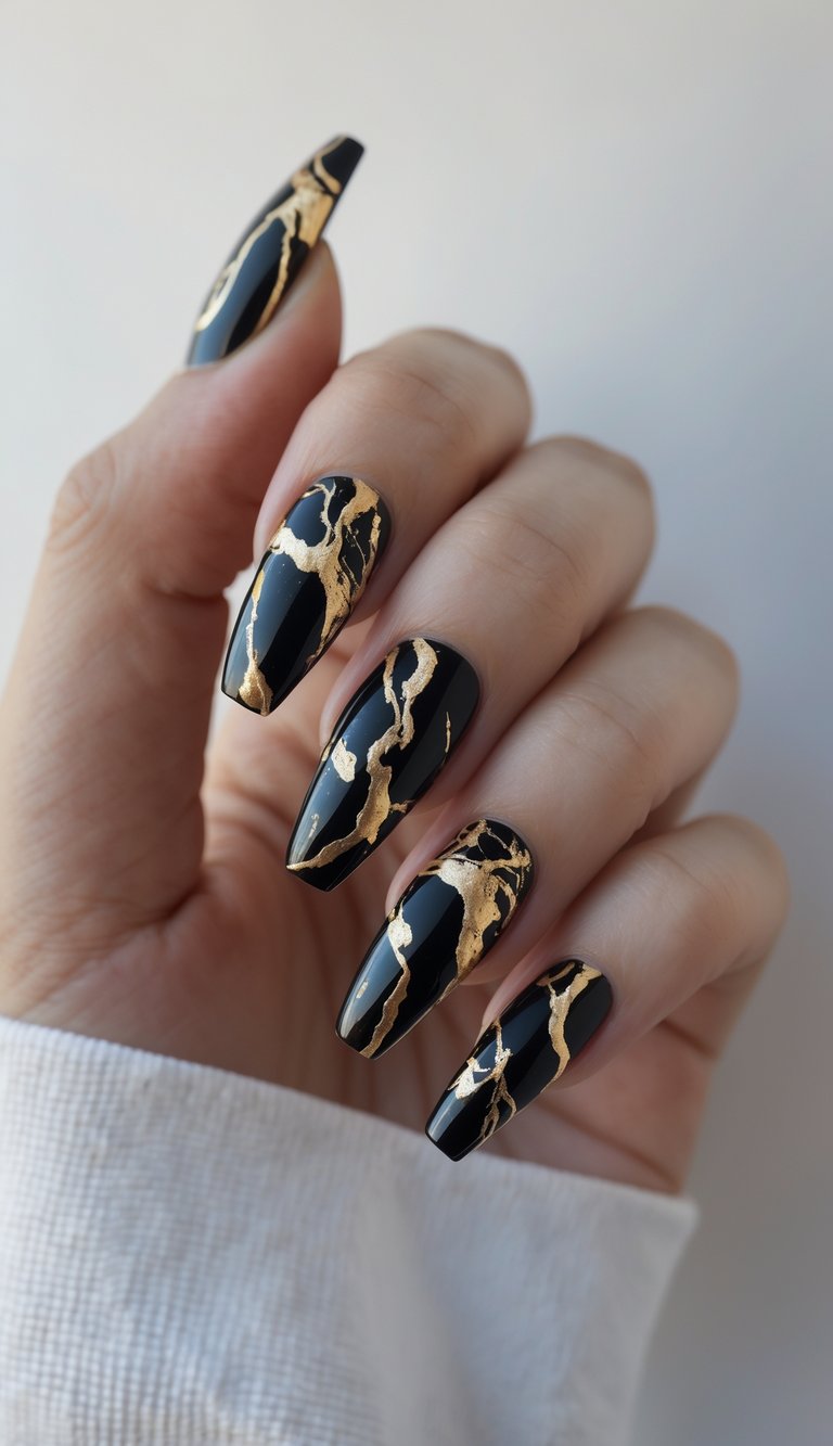 Close-up of one hand with black coffin-shaped nails decorated with gold and black marble patterns against a white background.