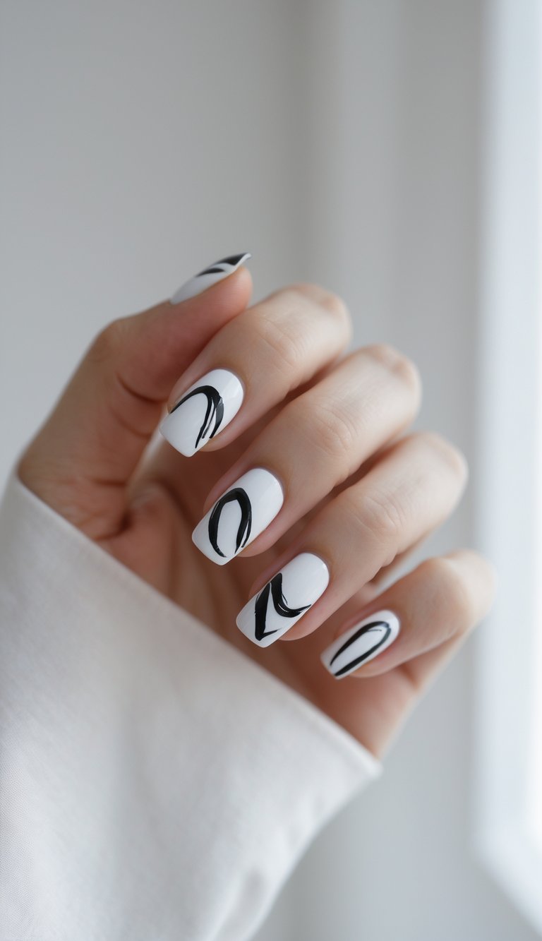 Close-up of one hand showing white nails with black abstract designs on a white background.