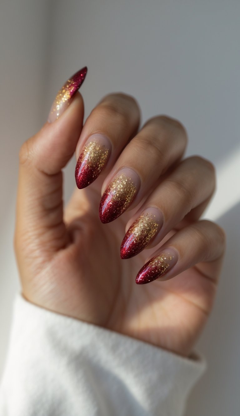 Close-up of one hand showing almond-shaped nails with red polish fading into gold glitter on a white background.