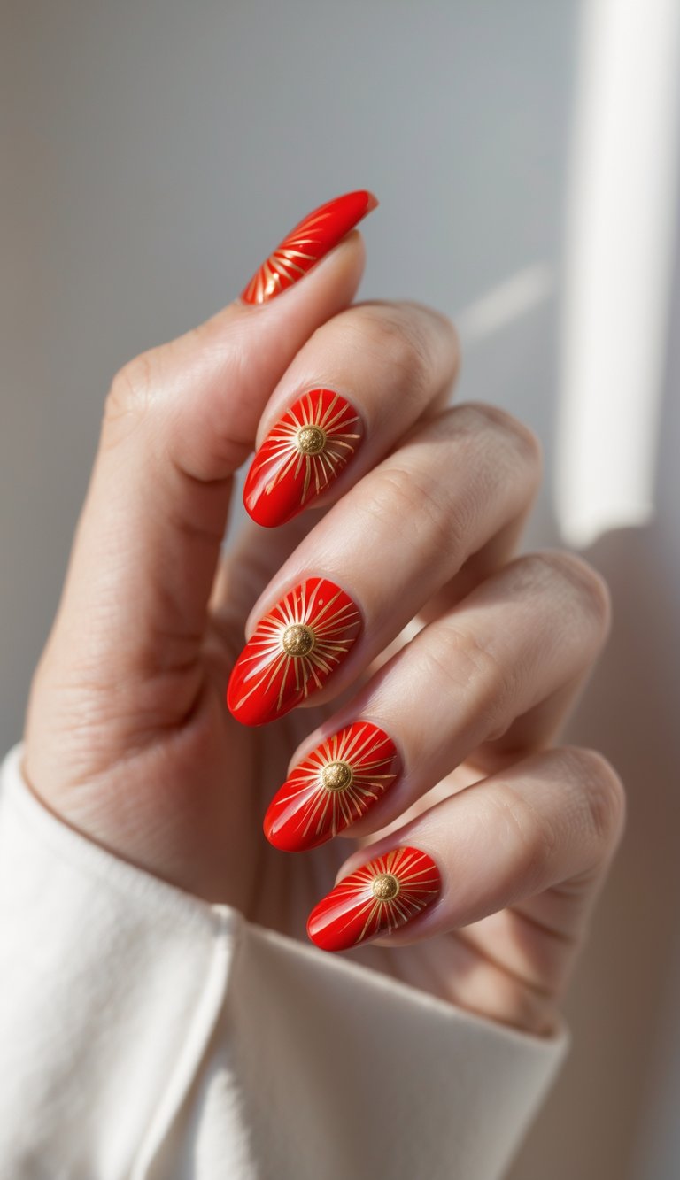 Close-up of one hand with red nails decorated with golden sunburst designs on a white background.