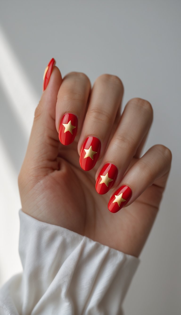 Close-up of one hand with red nails decorated with gold star decals against a white background.