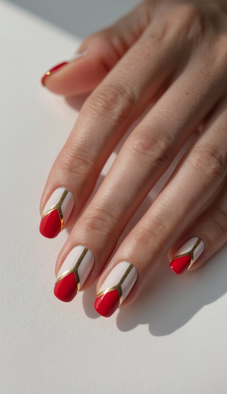 Close-up of one hand with red and gold striped nail art on a white background.