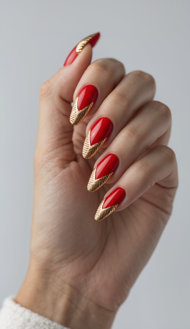 Close-up of one hand with shiny red nails and gold chevron tips against a white background.