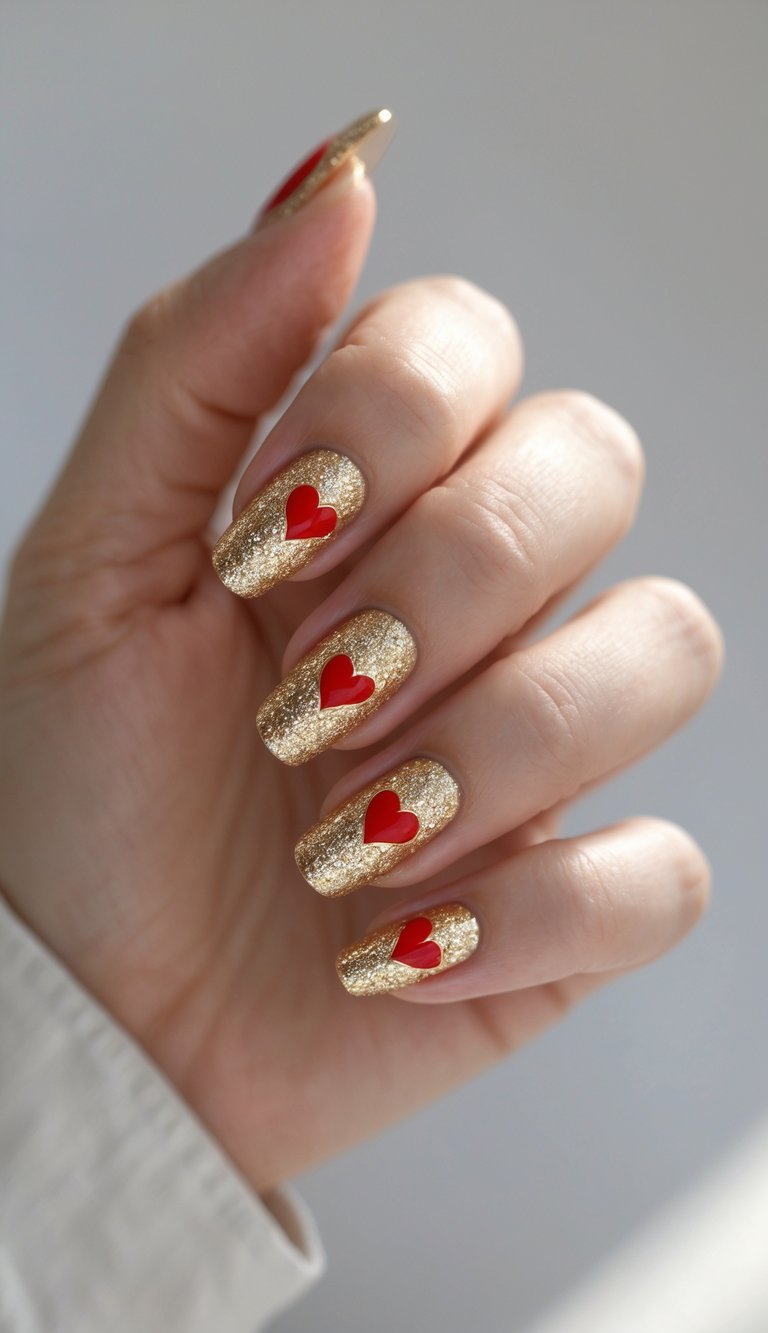 Close-up of one hand with nails painted gold and decorated with red heart designs against a white background.