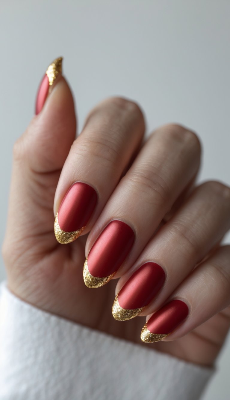 Close-up of one hand showing red nails with gold glitter tips against a white background.