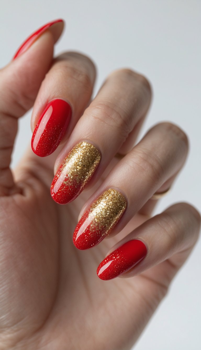 Close-up of one hand with red nails fading into gold glitter on a white background.