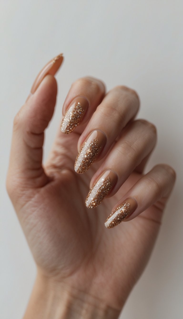 Close-up of one hand with caramel-colored glittery nails against a white background.