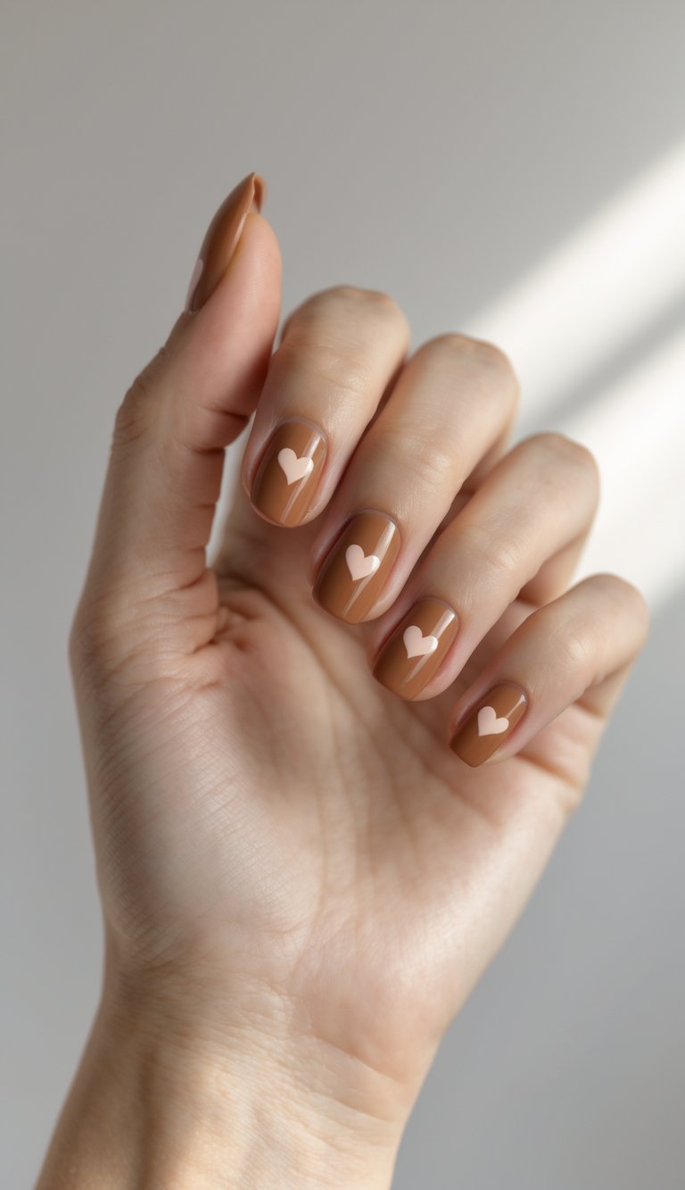 Close-up of one hand with caramel-colored nails decorated with small heart designs against a white background.