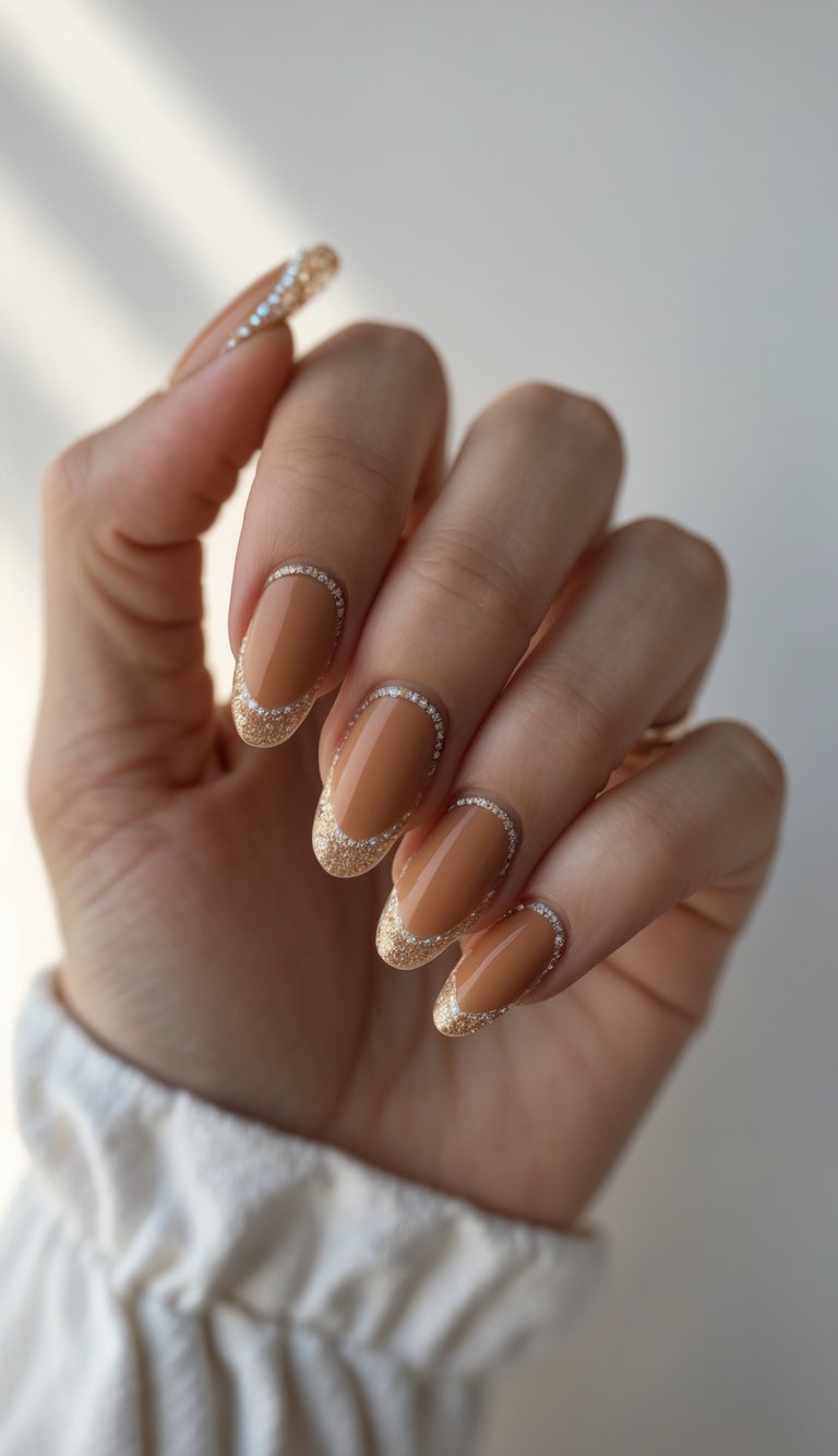 Close-up of one hand with caramel French manicure and glitter borders on a white background.