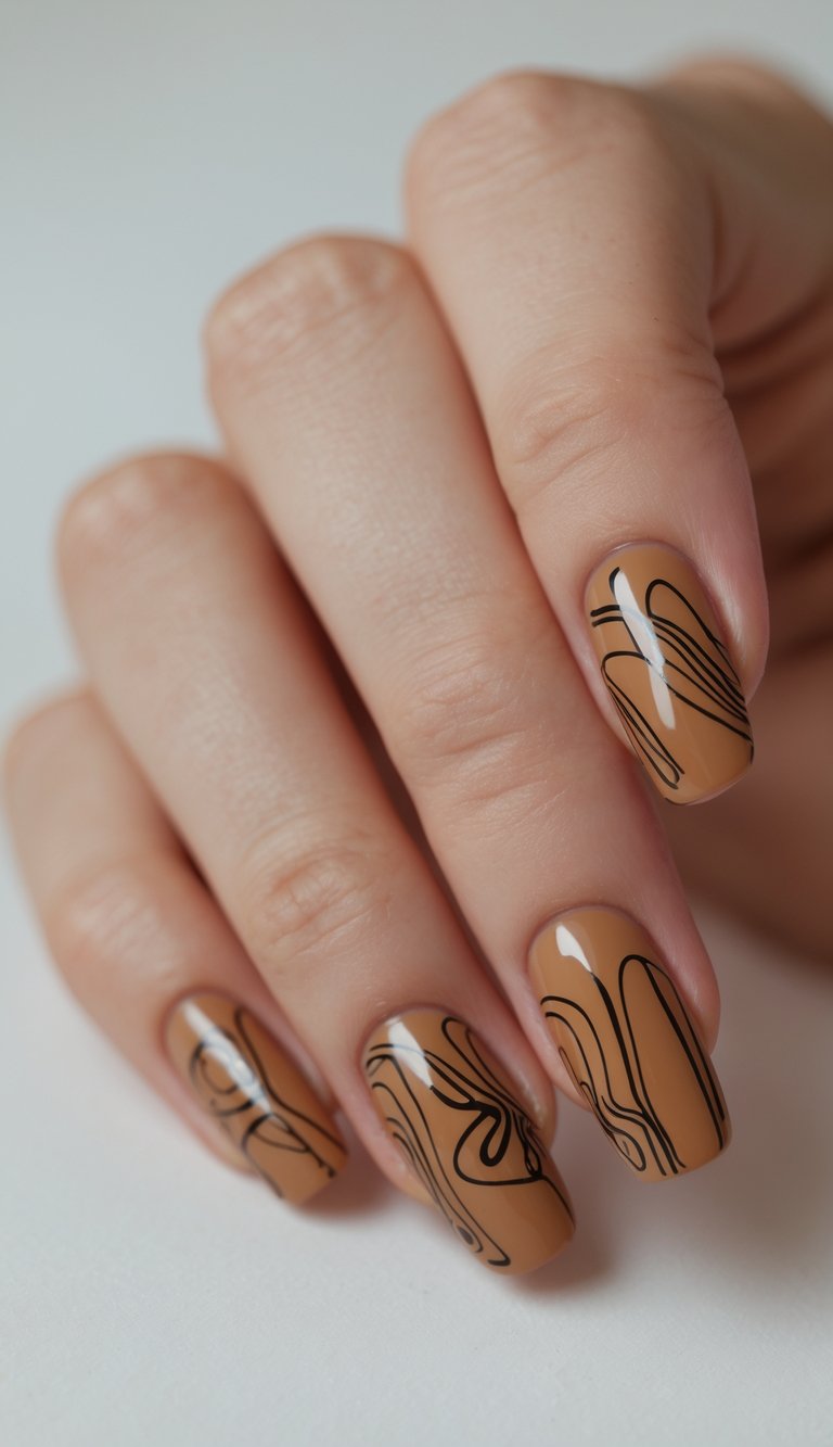 Close-up of one hand showing caramel-colored nails with black abstract line designs against a white background.
