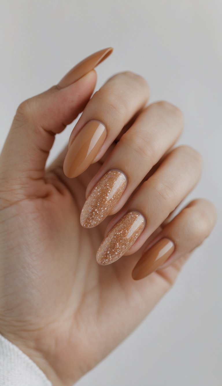 Close-up of one hand with caramel-colored nails and subtle glitter on a white background.