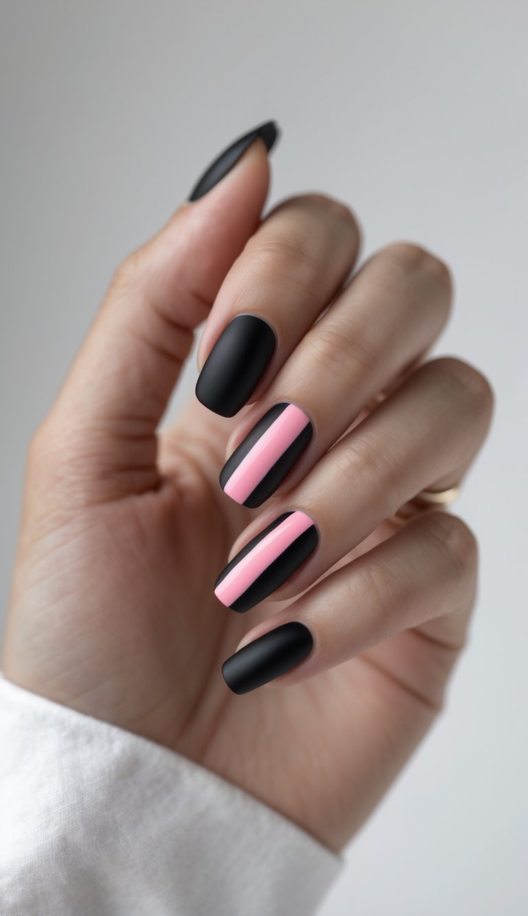 Close-up of one hand with black nails featuring pink stripes on a white background.