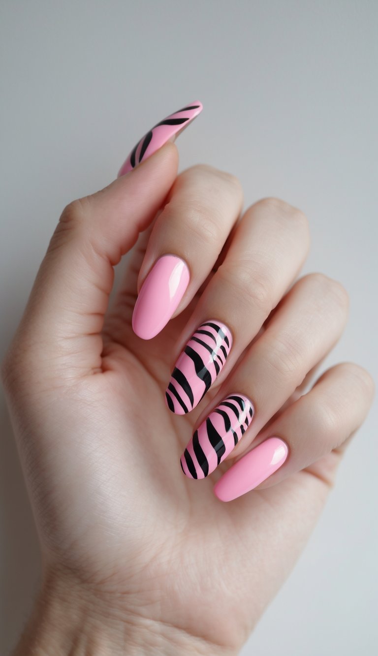Close-up of a single hand with pink nails and black zebra print accent nails against a white background.
