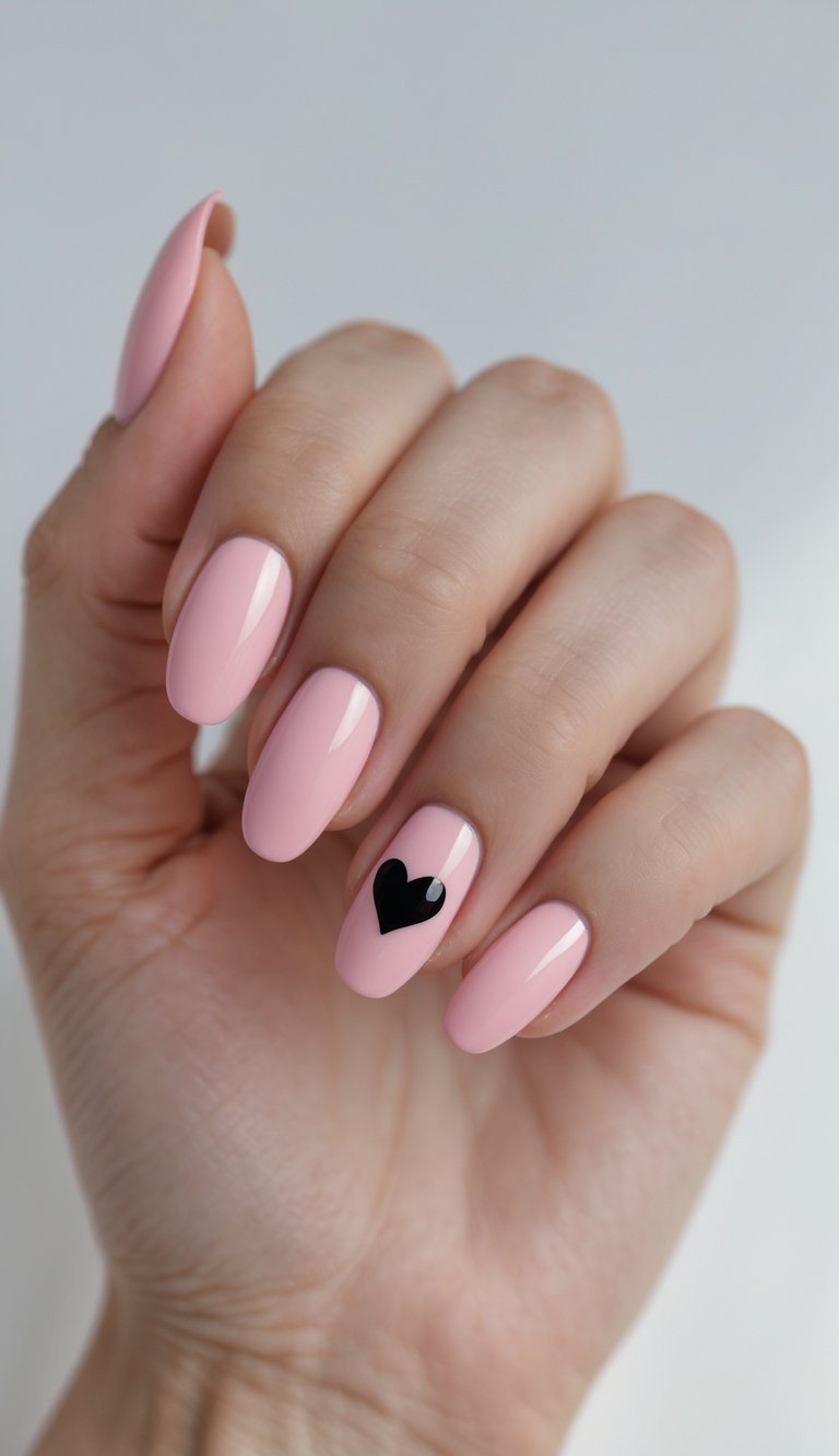 Close-up of one hand with pink nails decorated with black heart designs against a white background.