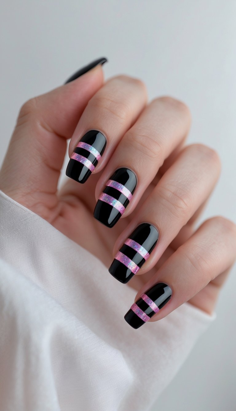 Close-up of one hand showing black nails with pink holographic stripes on a white background.