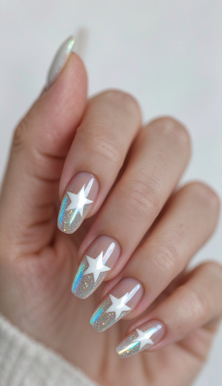 Close-up of one hand with clear polished nails decorated with holographic five-pointed star designs on a white background.
