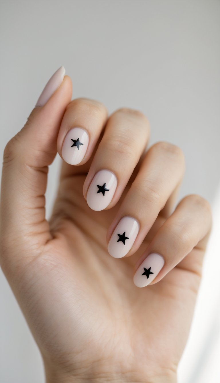 Close-up of one hand showing natural nails with small black star designs on a white background.