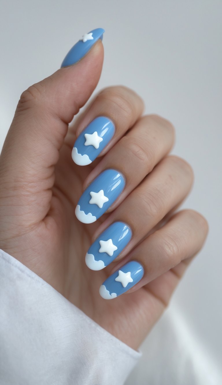 Close-up of a hand with sky blue nails decorated with white clouds and star shapes against a white background.
