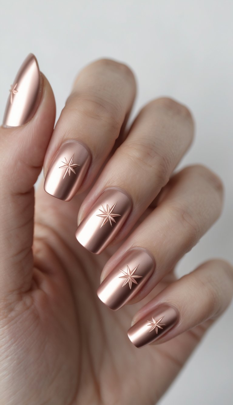 Close-up of one hand with rose gold nails featuring small star engravings against a white background.