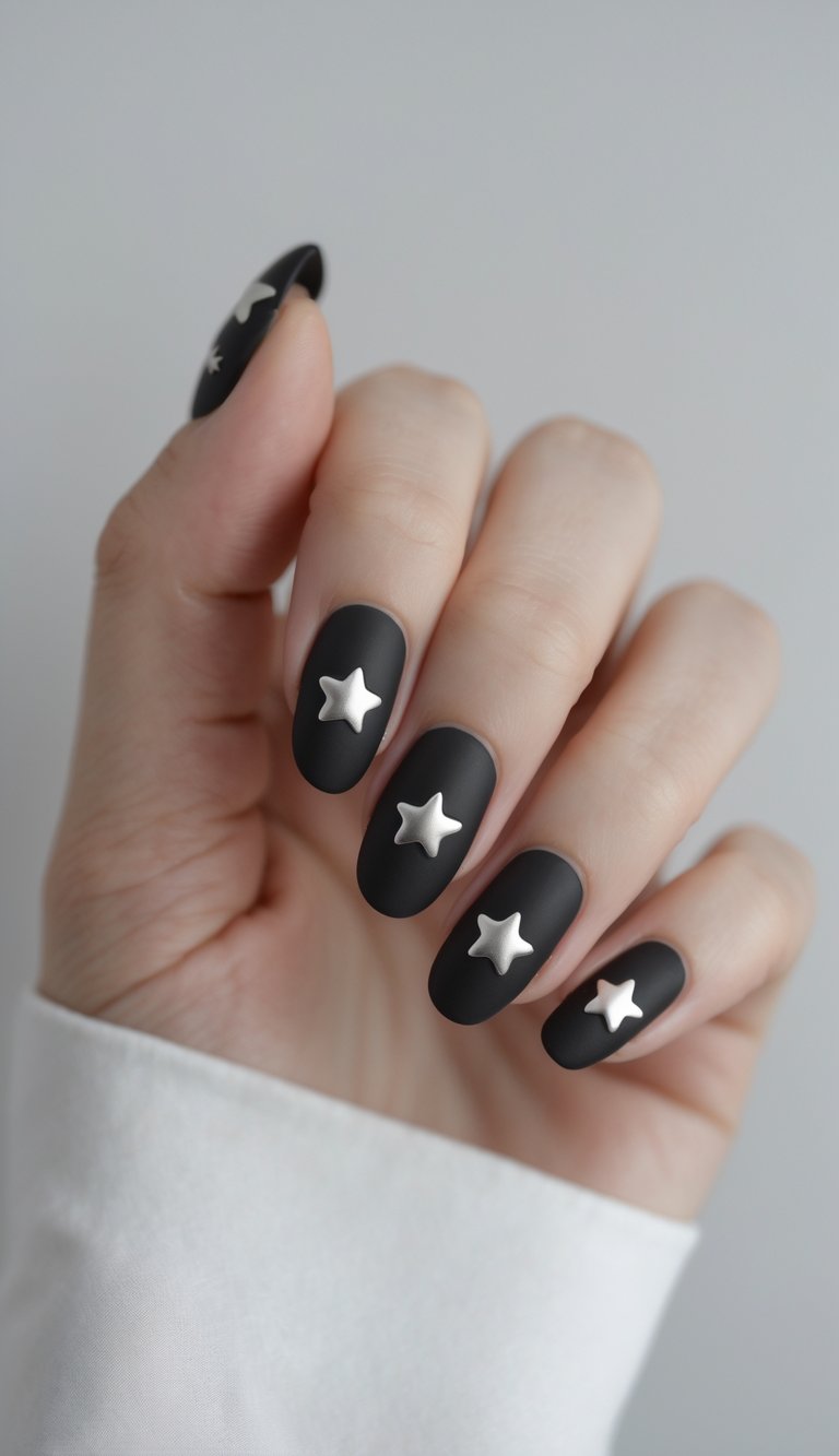 Close-up of a hand with black matte nails decorated with small silver star shapes on a white background.