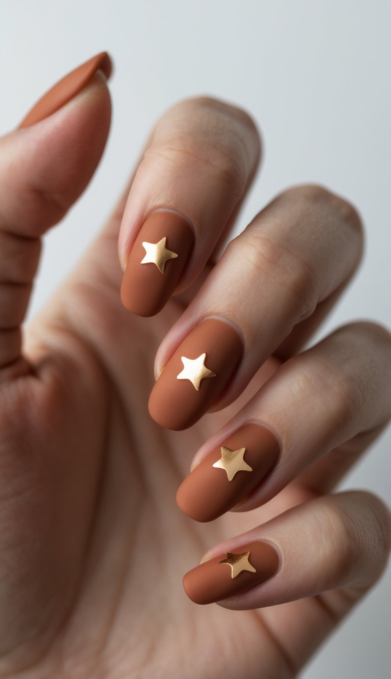Close-up of one hand showing nails painted terracotta with small gold foil star shapes on each nail against a white background.