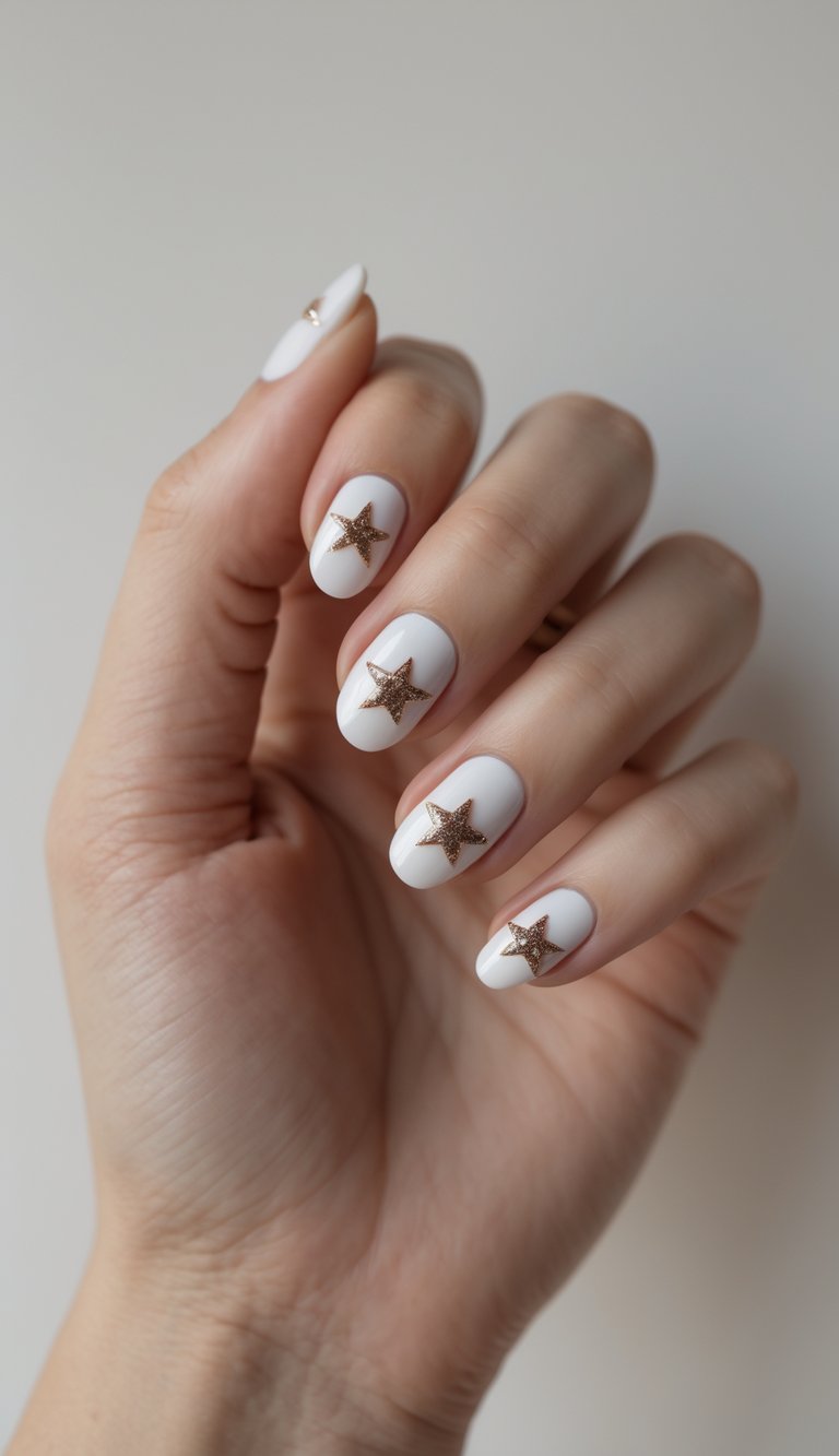 Close-up of one hand with nails decorated with small star-shaped designs and glitter on a white background.