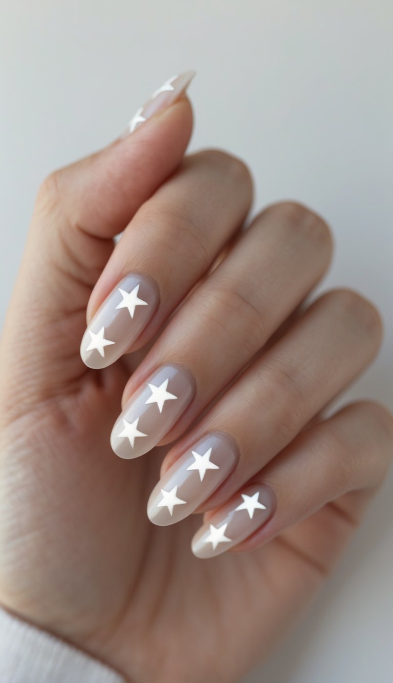 Close-up of a single hand showing nails with small star designs on a white background.