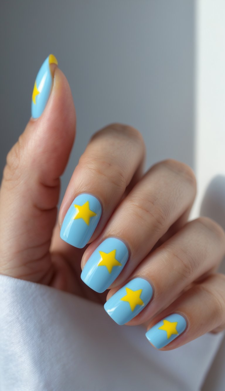 Close-up of one hand with sky blue nails decorated with bright yellow star shapes on a white background.