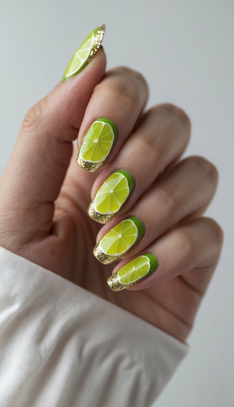 Close-up of one hand with nails painted to look like lime wedges with glittery tips against a white background.