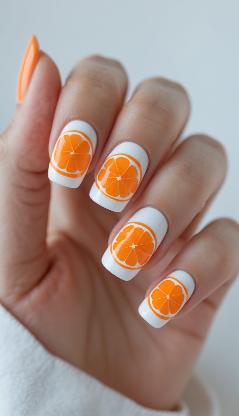 Close-up of one hand with orange and white half moon nail art on a white background.