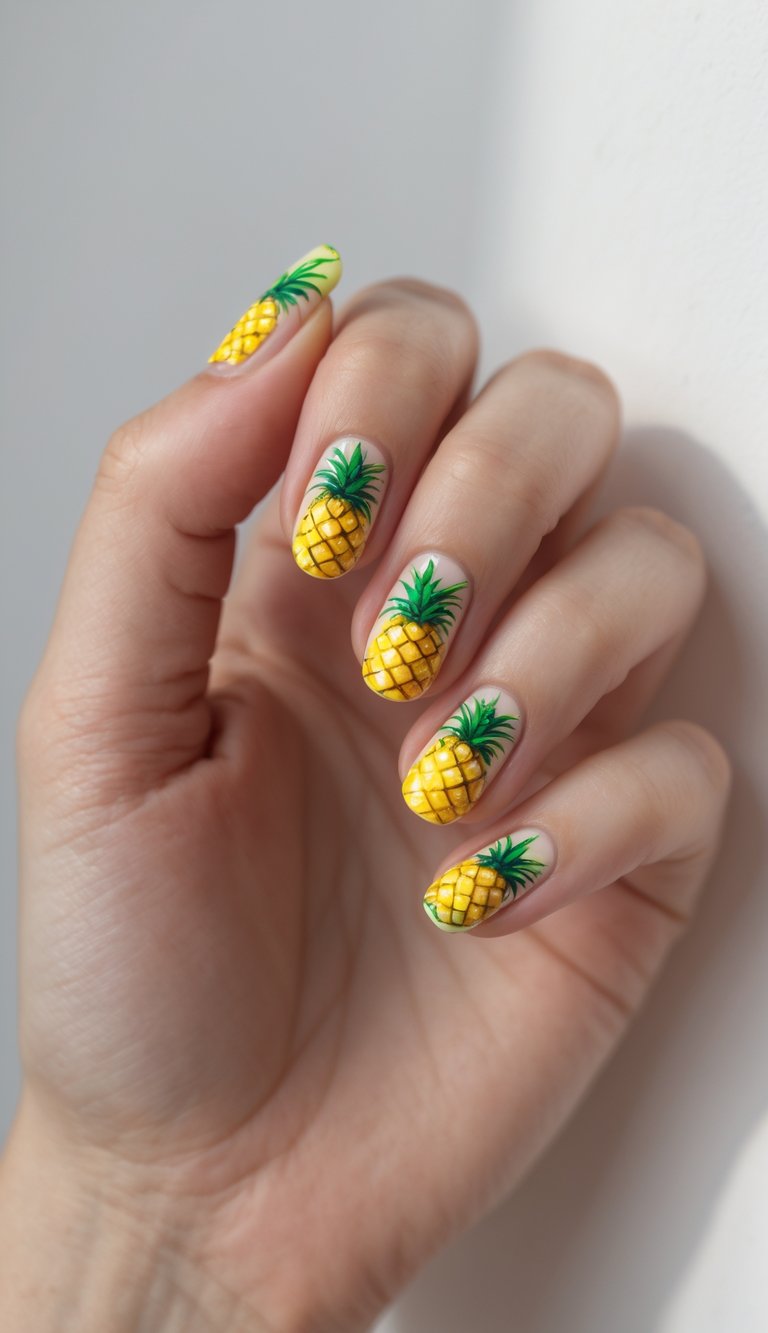 Close-up of one hand with nails decorated with miniature pineapple designs and gold accents on a white background.
