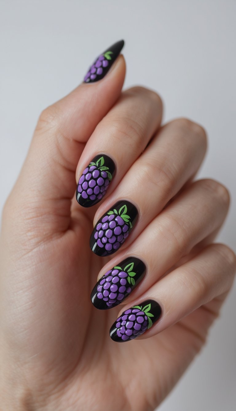Close-up of one hand showing nails painted with glossy blackberry fruit designs on a white background.
